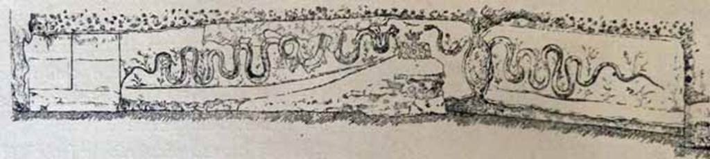 Pompeii Street Altar at I.8.1. Drawing of street altar.
Maiuri recorded a large masonry compital altar, the biggest yet found, with a long ramp.
At the summit of the ramp was a rectangular altar with roughly painted marble decoration.
At the sides of the altar were two long serpents winding amongst plants towards the offerings on the altar.
The low podium to the left had two painted panels on the upper margins of which the characters of a painted inscription were discernible.
Very little was conserved.
See Maiuri, A., 1928. Nuovi Scavi nella Via dell’Abbondanza. Milano: Hoepli, (p. 6, fig. 2).