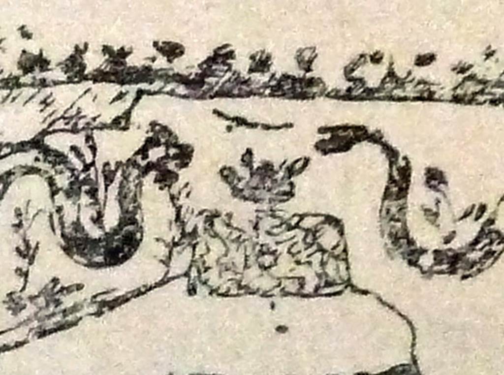 Pompeii Street Altar at I.8.1. Detail from drawing of rectangular altar with roughly painted marble pattern.
The two serpents’ heads can be seen over the offering on the altar.