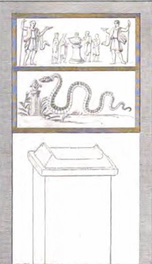 IV.4.g Pompeii. Drawing of the street altar and Lararium painting found between IV.4.f and IV.4.g. See Gell, W. and Gandy, J., 1852. Pompeiana: 3rd Edition. London: Bohn. (p. 97, Pl. 18).