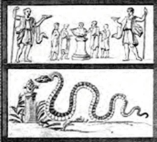 IV.4.g Pompeii. Drawing of the painting found above a street altar between IV.4.f and IV.4.g. In the middle was a round altar with five small figures in long white tunics. In the centre behind the altar was a Tibicen. On either side were pairs of Vicomagistri with right arms outstretched to the altar. Two large Lares flank the scene. In the lower zone was a serpent approaching from the left to an altar with eggs and fruit on it.
See Fröhlich, T., 1991. Lararien und Fassadenbilder in den Vesuvstädten. Mainz: von Zabern. (p.315, F24)