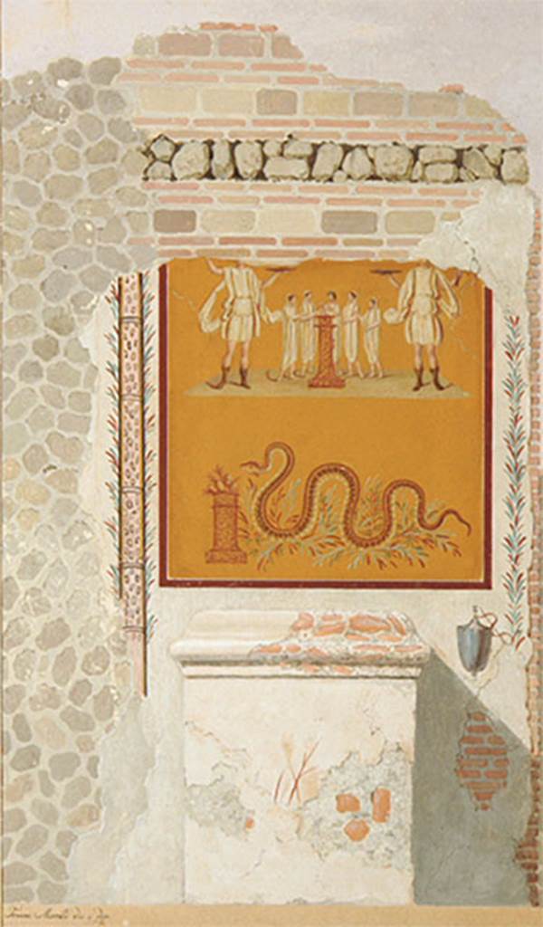 IV.4.g Pompeii. Early 19th century painting by F. Morelli of street shrine between IV.4.f and IV.4.g.
Below is a masonry altar above which is a painting.
In the middle is a round altar with five small figures in long white tunics.
The figure in the centre behind the altar is a tibicen.
On either side are pairs of Vicomagistri with right arms outstretched to the altar.
Two large Lares flank the scene, each with patera and rhyton.
In the lower zone of the painting is a serpent approaching from the left to an altar with eggs and fruit on it.
Now in Naples Archaeological Museum. Inventory number ADS 574.
See Fröhlich, T., 1991. Lararien und Fassadenbilder in den Vesuvstädten. Mainz: von Zabern. (p.315, F24)
Photo © ICCD. http://www.catalogo.beniculturali.it
Utilizzabili alle condizioni della licenza Attribuzione - Non commerciale - Condividi allo stesso modo 2.5 Italia (CC BY-NC-SA 2.5 IT)