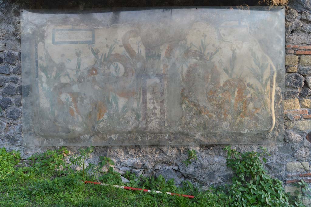 Painted street shrine on the wall at V.6.19. July 2010. Photo courtesy of Michael Binns. This shows two serpents moving through plants to an altar that had offerings on it. In the top left hand side, CIL IV 6641 can be seen, written in the painted rectangle. See Fröhlich, T., 1991. Lararien und Fassadenbilder in den Vesuvstädten. Mainz: von Zabern.(p.319, 35, Taf 56,2). See Spano, in Notizie degli Scavi, 1910, p.262.