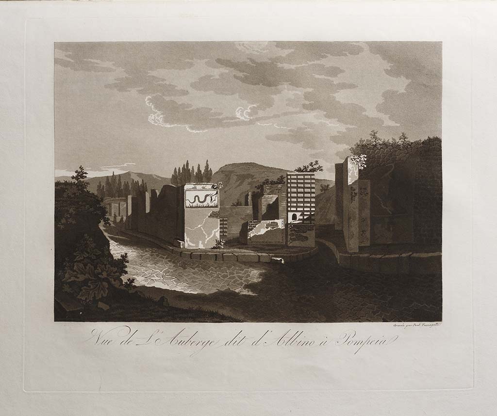 Pompeii Street Shrine at VI.4.1. 1822-4 painting by Paolo Fumagalli showing fa�ade, street shrine and snake painting. 
The snake painting is reversed from that of Mazois and Gell. 
The painting has the title �Vue de l'Auberge dit d'Albino � Pompeia�.
The narrative in his book though describes clearly the hospitium of Albinus at VI.17.1.
See Fumagalli P. Pompeia, trattato pittorico, storico, e geometrico, opera disegnata negli anni 1824 al 1830, Firenze, Fumagalli, p. 37 and unnumbered picture.
Photo courtesy Thorvaldsensmuseum Copenhagen. Inventory number E550,50. See photo on museum web site  CC0 - dedicated to Public Domain

