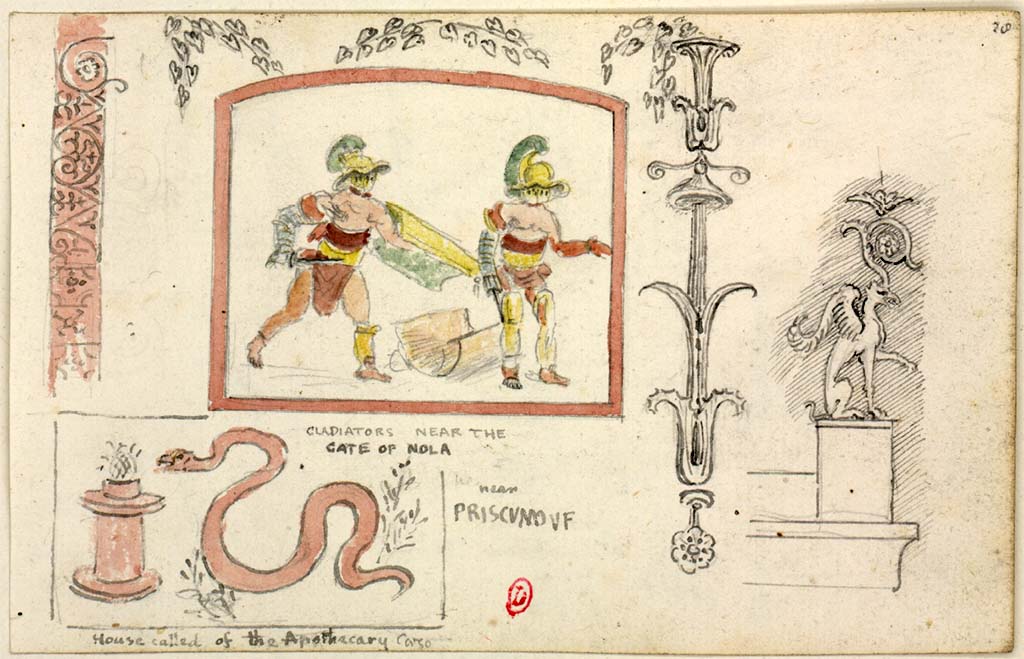 VI.4.1 Pompeii. c.1819. Lower left, drawing by William Gell of street shrine, described by him as from �House called of the Apothecary Conso�.
The sketch of the Gladiators, he said was from �Near the Gate of Nola�
See Gell W & Gandy, J.P: Pompeii published 1819 [Dessins publi�s dans l'ouvrage de Sir William Gell et John P. Gandy, Pompeiana: the topography, edifices and ornaments of Pompei, 1817-1819], pl. 77.
See book in Biblioth�que de l'Institut National d'Histoire de l'Art [France], collections Jacques Doucet Gell Dessins 1817-1819
Use Etalab Open Licence ou Etalab Licence Ouverte
