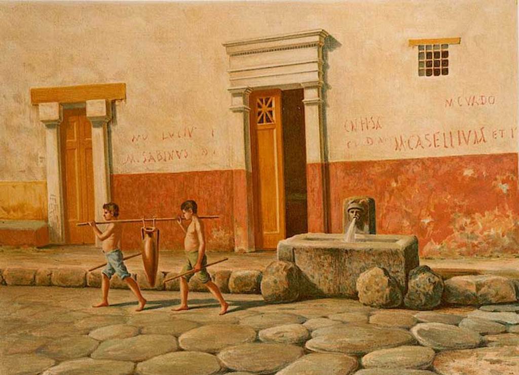 Strreet shrine at VI.8.24. 19th Century painting by D Capri of �Idealised city street scene�. This shows the fountain of Mercury and remains of street shrine painted on the wall at the rear. See Niccolini F, 1896. Le case ed i monumenti di Pompei: Volume Quarto. Napoli. (2 Taf A II).