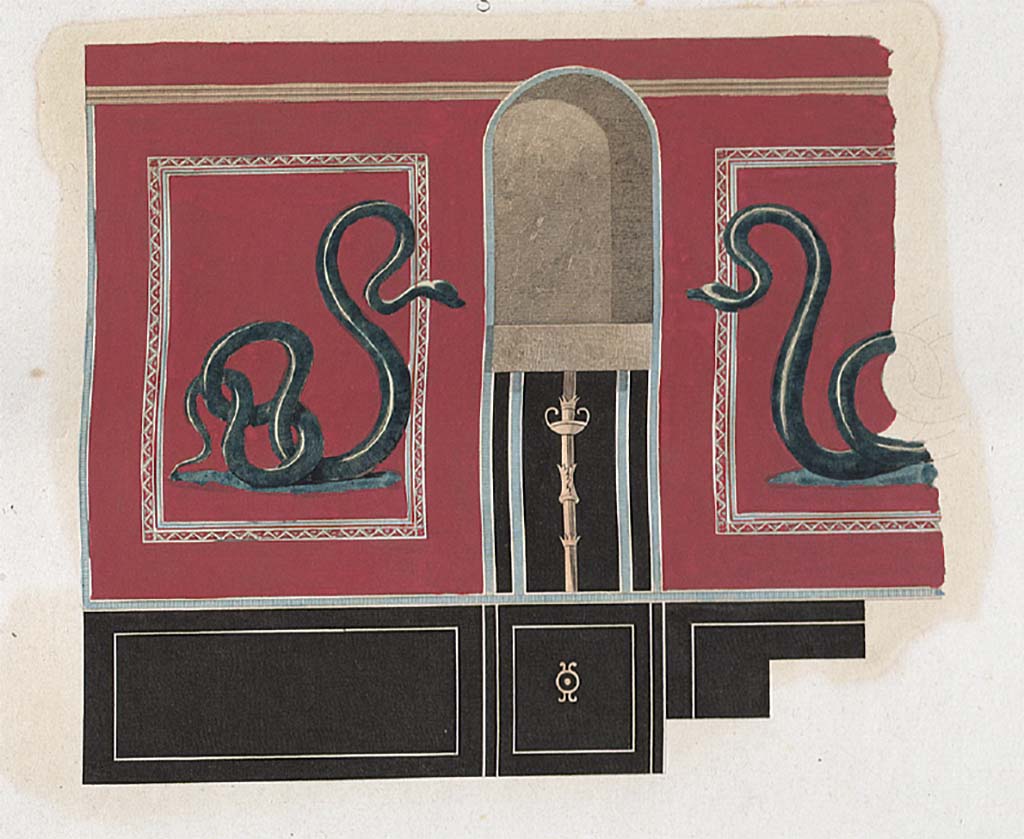 VII.9.42 Pompeii. 1829. Painting by Mazois of west wall with arched niche and serpents.
See Mazois, F., 1829. Les Ruines de Pompei : Troisi�me Partie. Paris : Didot Fr�res, pl. XLV.
See Carratelli, G. P., 1990-2003. Pompei: Pitture e Mosaici: Vol. VII. Roma: Istituto della enciclopedia italiana, p. 333.
