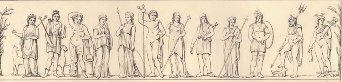 Painted street shrine to twelve gods on corner of insula at VIII.3.11. Pre-1840 drawing of the Twelve Gods. Discovered in 1818.
Roux describes this painting as executed in a correct but curious way in that it shows the twelve main gods with their attributes.
From the left Roux names them as Venus, Diana, Apollo, Vesta, Minerva, Jupiter, Juno, Vulcan, Cérès, Mars, Neptune and Mercury.
Beneath this painting were painted two serpents.
See Roux, H., 1840. Herculanem et Pompei recueil general des Peintures, Bronzes, Mosaiques : Tome 5. Paris: Didot. (planche 11).
