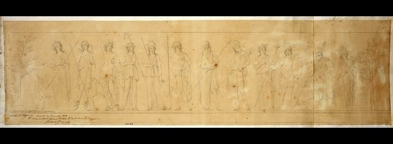 Painted street shrine to twelve gods on corner of insula at VIII.3.11. 1858 drawing of gods by N. La Volpe.
Now in Naples Archaeological Museum. Inventory number ADS 819.
La scheda ICCD descriva:
Il disegno raffigura la teoria dei dodici dei, delimitata da due alberelli; partendo da sinistra si hanno
Vesta, dietro cui si scorge un asinello.
Diana, abbigliata da cacciatrice, con arco, asta e faretra, nei cui pressi è una cerva.
Apollo a torso nudo, appoggiato alla cetra.
Cerere coronata di spighe, con la lunga fiaccola.
Minerva elmata, con scudo e lancia.
Giove, giovane, nudo, appoggiato al lungo scettro.
Un personaggio barbato che dovrebbe invece essere Giunone con lo scettro.
Vulcano sbarbato, pileo sul capo, martello nella destra e tenaglie nella sinistra.
Venere Pompeiana con lunga fiaccola e corona turrita.
Marte senza barba, con elmo e scudo.
Nettuno, barbato, coronato, con copricapo e tridente nella destra.
Mercurio con calzari alati, petaso, caduceo e marsupio.
Photo © ICCD. https://www.catalogo.beniculturali.it
Utilizzabili alle condizioni della licenza Attribuzione - Non commerciale - Condividi allo stesso modo 2.5 Italia (CC BY-NC-SA 2.5 IT)