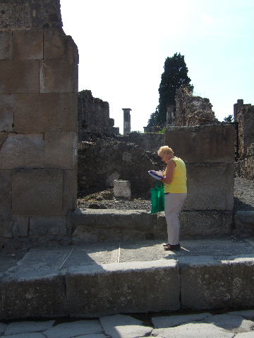 VVIII.4.24 Pompeii. September 2005. Sacellum of the Lares Compitales. See Pappalardo, U., 2001. La Descrizione di Pompei per Giuseppe Fiorelli (1875). Napoli: Massa Editore. (p.129)
See Eschebach, L., 1993. Gebäudeverzeichnis und Stadtplan der antiken Stadt Pompeji. Köln: Böhlau. (p.374) Found in April 1853, painted in red on the pilaster, on the right, between VIII.4.24 and 23, was –
C(eium)  S(ecundum)  II vir(um)  i(ure)  [d(icundo)]
o(ro)  v(os)  f(aciatis)     [CIL IV 1000]
See Pagano, M. and Prisciandaro, R., 2006. Studio sulle provenienze degli oggetti rinvenuti negli scavi borbonici del regno di Napoli.  Naples : Nicola Longobardi. (p.168) 