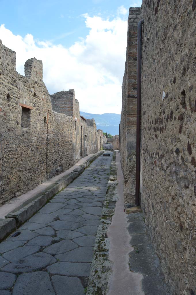 IX.2.19, Pompeii. October 2018. Looking south on Vicolo di Tesmo, with painted street shrine, on right.
Foto Taylor Lauritsen, ERC Grant 681269 D�COR.

