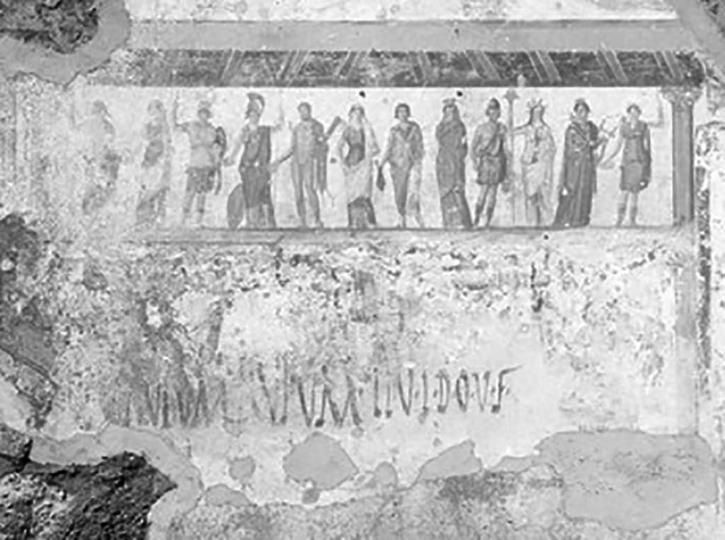 Public street shrine (compitum) to 12 gods outside IX.11.1 Pompeii.  1912.
From left to right they are Jupiter, Juno, Mars, Minerva, Hercules, Venus, Mercury, Proserpina (possibly), Vulcanus, Ceres, Apollo, Diana.
See The Illustrated London News, 13th April 1912 -552.
According to Varone and Stefani, the inscription shown was CIL IV 7856, but it is no longer conserved.
See Varone, A. and Stefani, G., 2009. Titulorum Pictorum Pompeianorum, Rome: L�erma di Bretschneider.  (p. 419).
According to Epigraphik-Datenbank Clauss/Slaby (See www.manfredclauss.de) this read as

C(aium) Gavium Rufum IIv(irum) i(ure) d(icundo) o(ro) v(os) f(aciatis)     [CIL IV 7856]
