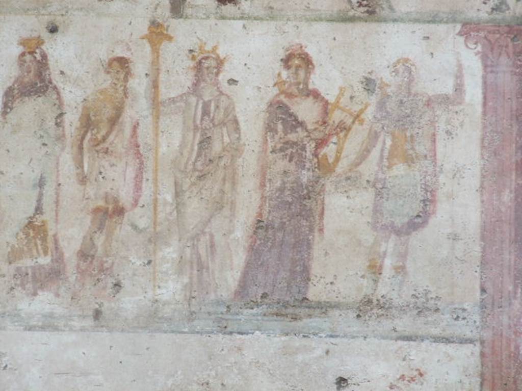 Detail of public street shrine (compitum) to 12 gods outside IX.11.1. December 2006. Proserpina, Vulcanus, Ceres, Apollo, Diana.