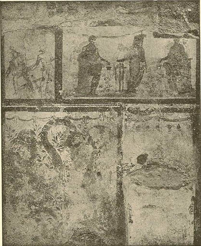 Street Altar outside IX.12.7. Old undated postcard. Fr�hlich lists four paintings and describes the painting on the altar. Top left: Two gladiators in combat. Top right: Two Lares and a Genius. Bottom left: Two large serpents (snakes) flanking a round altar. Bottom right: Two garlands with five persons in white garments. The altar is decorated with sausages and pigs heads. See Fr�hlich, T., 1991. Lararien und Fassadenbilder in den Vesuvst�dten. Mainz: von Zabern. (p. 339, F71, T: 58,2). 