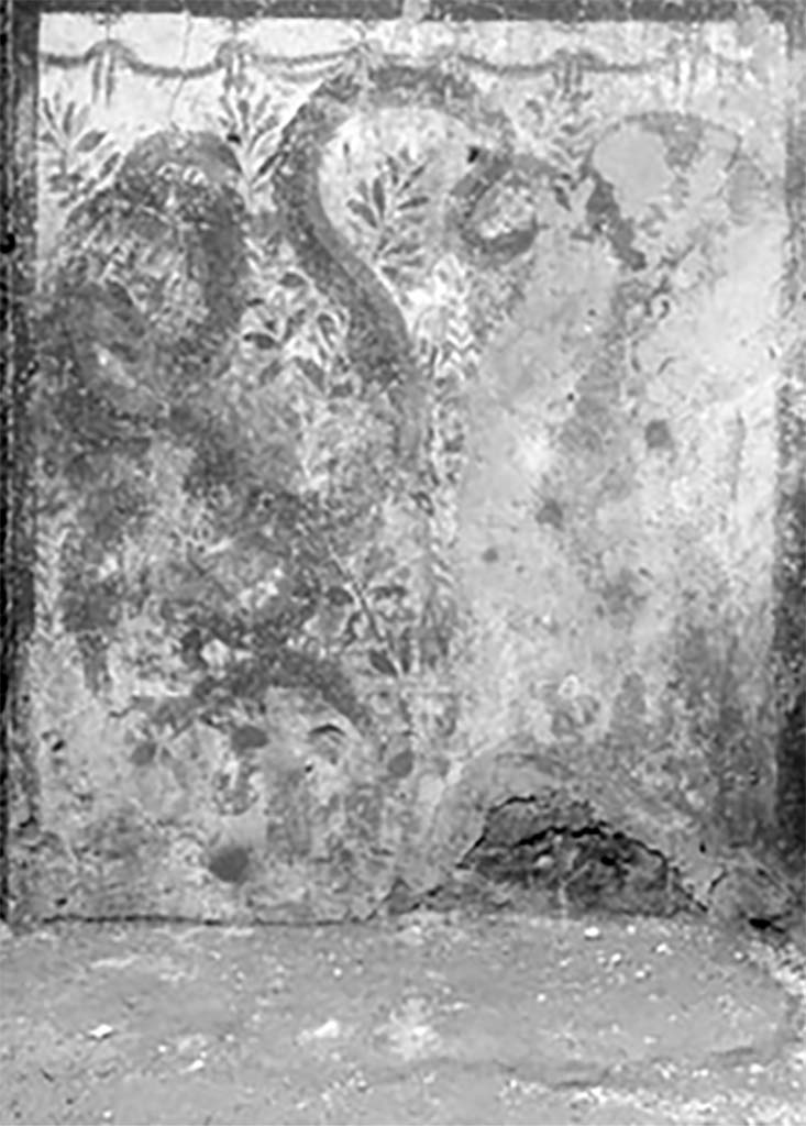 Street shrine outside IX.12.7. Detail from 1912 photograph.
Bottom left painting was of two large serpents (snakes) flanking a round altar.
See Fr�hlich, T., 1991. Lararien und Fassadenbilder in den Vesuvst�dten. Mainz: von Zabern. (p. 339, F71, T: 58,2). 

