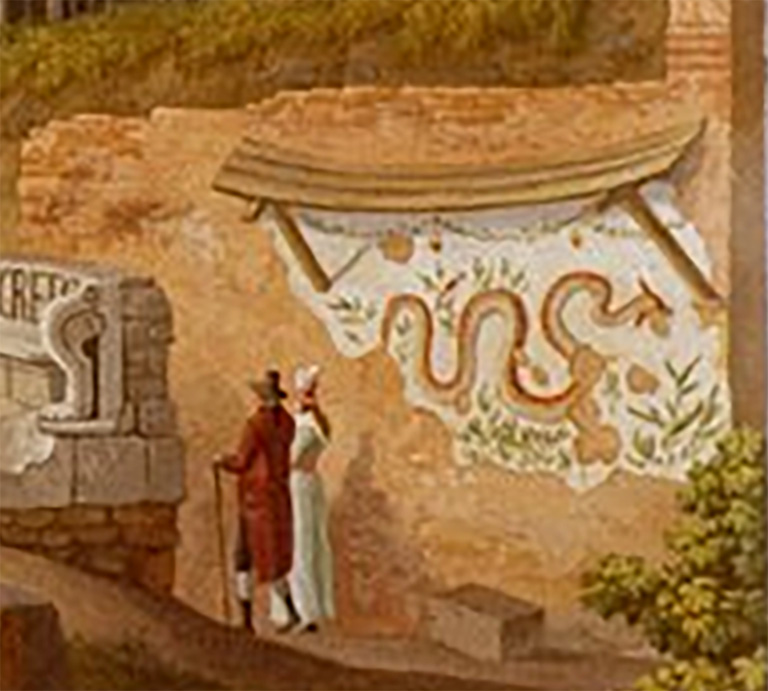 Pompeii street shrine on the corner of Via Pomeriale. 1793.
Detail of street shrine from painting by Jakob Philipp Hackert.