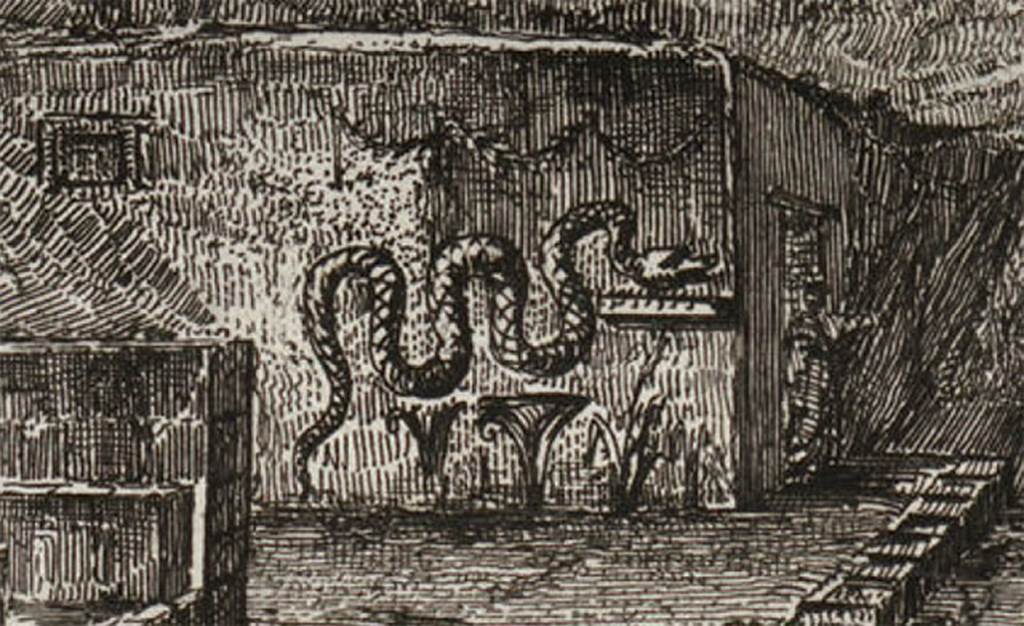 Pompeii street shrine on the corner of Via Pomeriale. 1804 drawing by Piranesi.
Detail showing street shrine on the corner of Via Pomeriale.
See Piranesi, F, 1804. Antiquités de la Grande Grèce: Tome I. Paris: Piranesi and Le Blanc. (Pl. V).