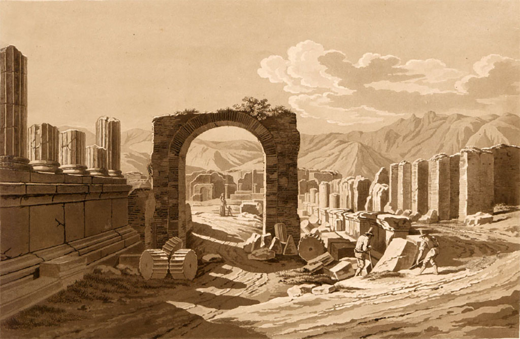 Arch of Augustus. Pre-1824 painting by Jakob Wilhelm Huber, �Entr�e du Forum par la Rue des Tombeaux�.
See Huber, J. W., 1824. Vues pittoresques des ruines les plus remarquables de l�ancienne ville de Pompei, pl. VIII. 
