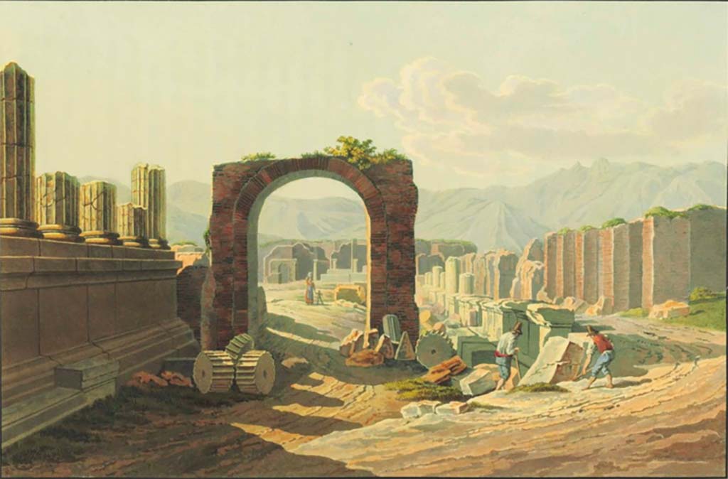 Arch of Augustus. Pre-1824 aquatint by Jakob Wilhelm Huber, �Entr�e du Forum par la Rue des Tombeaux�.
See Huber, J. W., 1824. Vues pittoresques des ruines les plus remarquables de l�ancienne ville de Pompei, pl. VIII. 
