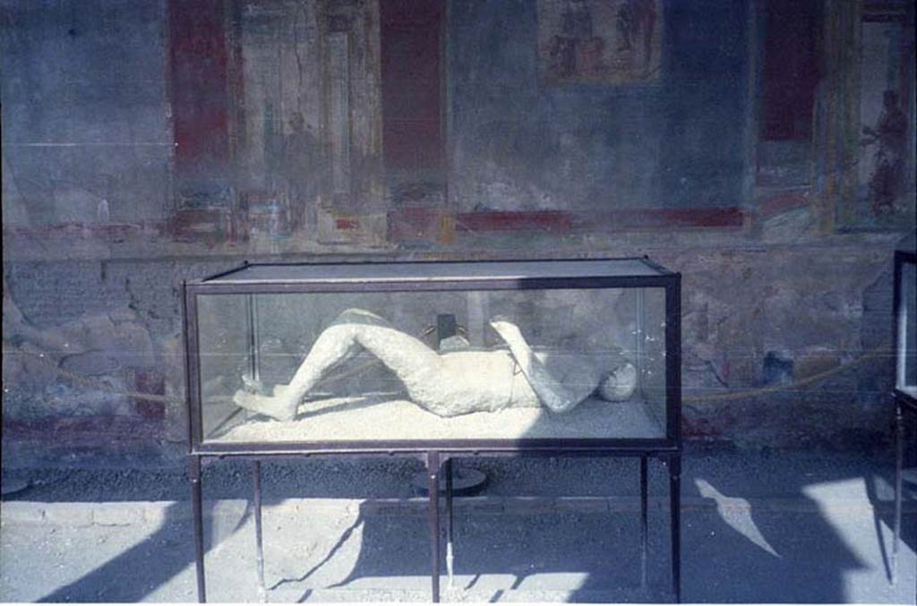 VII.9.7 and VII.9.8 Pompeii. July 2011. Plaster cast in north-west corner of Macellum. Photo courtesy of Rick Bauer.
Known as Victim no.11, as this was the 12th to be successfully cast, and it was exhibited in the Antiquarium for some years.
He was found on 28th December 1882, at a height of approximately four metres from the original soil level.
According to Dwyer, he had been fleeing along the top of the cinders at the time of his death.
He was found above the south-west corner of a garden, now numbered as VIII.6.6.
Near him were found two iron keys.
See Dwyer, E., 2010. Pompeii’s Living Statues. Univ. of Michigan Press: (p.103)
Garcia y Garcia gives the plaster cast number as 16.
See Garcia y Garcia, L., See Garcia y Garcia, L., 2006. Danni di guerra a Pompei. Rome: L’Erma di Bretschneider. (p.194)