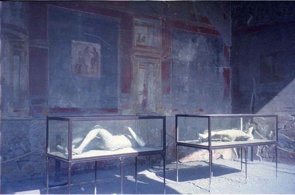 VII.9.7 and VII.9.8 Pompeii. July 2011. North-west corner of Macellum, with plaster casts.
On the left is the glass case containing victim 11. On the right is the glass case containing victim 14.
Photo courtesy of Rick Bauer.
