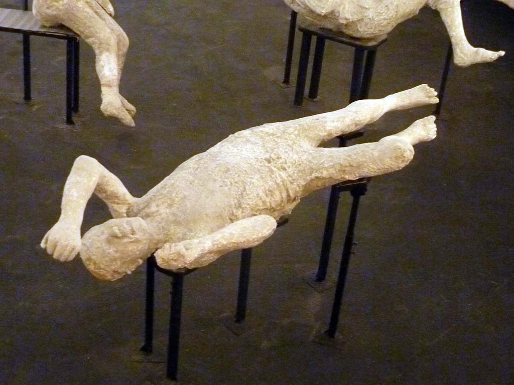 Victim 14 found on 11th October 1889 at Stabian Gate.
Plaster cast of victim numbered 15 by Dwyer, and 14 by Garcia y Garcia, originally thought to be a woman of mature age but now identified as a male adult.
Exhibit from the Summer 2015 exhibition in the amphitheatre.