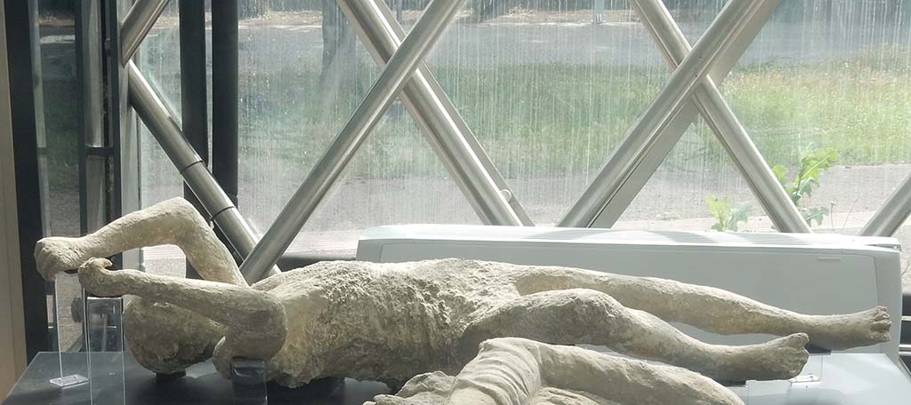 Pompeii. May 2018. Plaster cast of victim 14. Photo courtesy of Buzz Ferebee.
According to Garcia y Garcia, she was known as victim 14.
This victim was recovered from near the Porta Stabia on 11th October 1889.
She had fallen face down but was always displayed as if she was found lying on her back.
See Garcia y Garcia, L., 2006. Danni di guerra a Pompei. Rome: L’Erma di Bretschneider. (p. 193-4, Figg. 451-3).