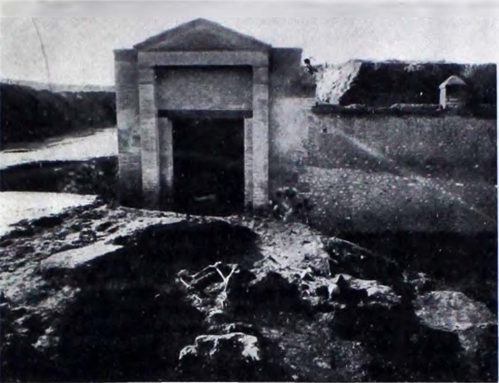 II.7.1 Pompeii. Palaestra. December 1936. Hypothesis 1. Group of 14 skeletons. The cast is at the bottom centre of the photo.
Secondo NdS; Poco al di fuori della prima porta del lato orientale della Palestra, quasi a pied della scarpata dell’aggere, si mise in luce (dicembre 1936) un gruppo di 14 scheletri dei quali 6 caduti uno sull’altro in uno spazio assai ristretto di terreno, in un viluppo confuso di ossa, e i rimanenti un poco discosti più a nord, giacenti sul primo strato di cenere, quasi tutti caduti bocconi sul terreno (fig. 28); di uno solo di essi (un giovanetto) potè eseguirsi un calco parziale del tronco, trovandosi gli arti inferiori ancora infossati nel lapillo. La presenza di individui adulti e giovanili, e la tragica sovrapposizione dei corpi, fa supporre che ci troviamo innanzi non a gruppi di fuggiaschi fortuitamente riuniti dal terrore della comune sciagura, ma di persone più intimamente strette da vincoli di parentela e probabilmente di due distinti gruppi di famiglie fuggite assieme da abitazioni contigue.
According to NdS; Just outside the first door on the eastern side of the Palestra, almost at the foot of the escarpment of the embankment, a group of 14 skeletons came to light (December 1936), 6 of which had fallen one on top of the other in a very small area of ground, in a confused tangle of bones, and the remainder a little further to the north, lying on the first layer of ash, almost all of which had fallen flat on the ground (fig. 28). Of only one of them (a juvenile) was it possible to make a partial cast of the trunk, as its lower limbs were still buried in the lapillus. The presence of adult and juvenile individuals, and the tragic superimposition of the bodies, suggests that we were facing not groups of fugitives fortuitously reunited by the terror of the common calamity, but of people more intimately close by ties of kinship and probably of two distinct groups of families who fled together from neighbouring homes.
Vedi/See Notizie degli Scavi di Antichità, 1939, p. 216, fig. 28.