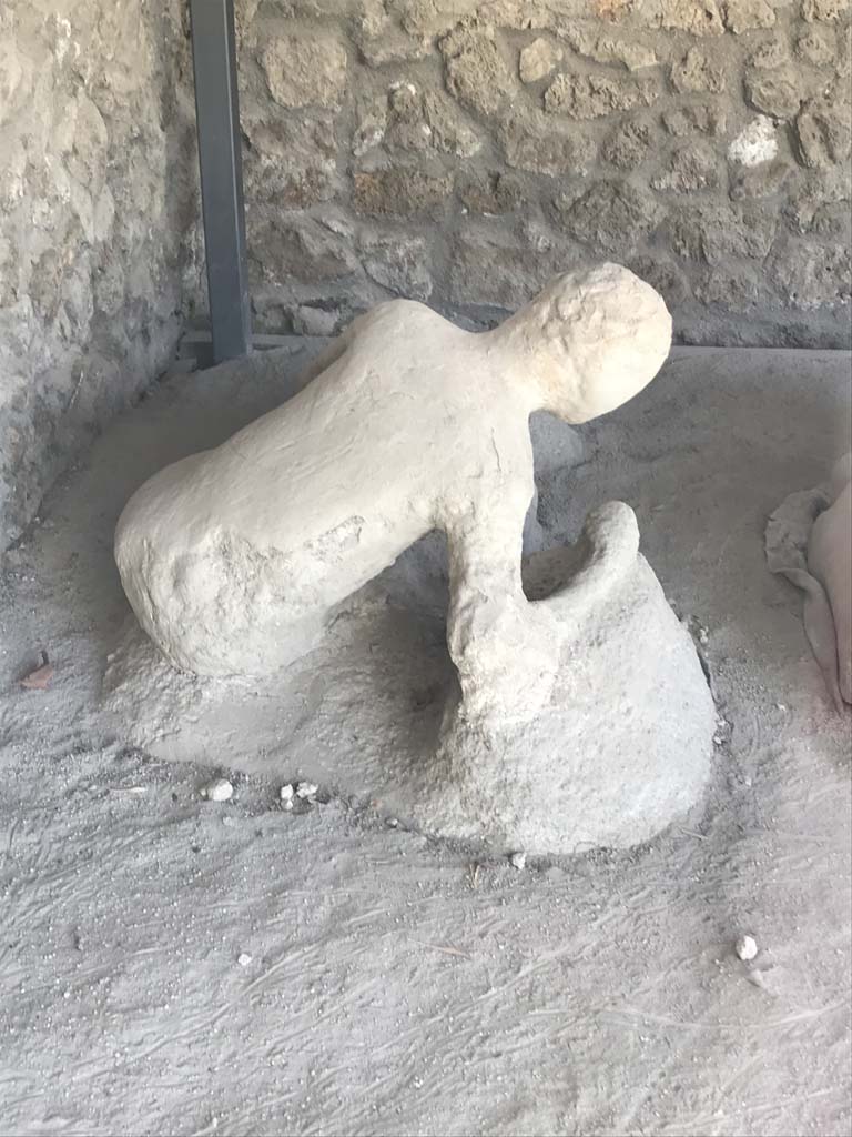 I.21.6 Pompeii. April 2019. Victim 43. Rear view of plaster-cast of body. Photo courtesy of Rick Bauer.
Victim 43 was male aged over 20 years old.
The body was found near the triclinium between the 31st of May and the 7th of June 1961.
Victim 43 was in front of victims 44 and 45, beyond which were victims 46 and 47.
Maiuri imagined him as the husband of victim 45 and the father of victims 44, 46 and 47.
See Osanna, N., Capurso, A., e Masseroli, S. M., 2021. I Calchi di Pompei da Giuseppe Fiorelli ad oggi: Studi e Ricerche del PAP 46, p. 422-3, Calco n. 43.