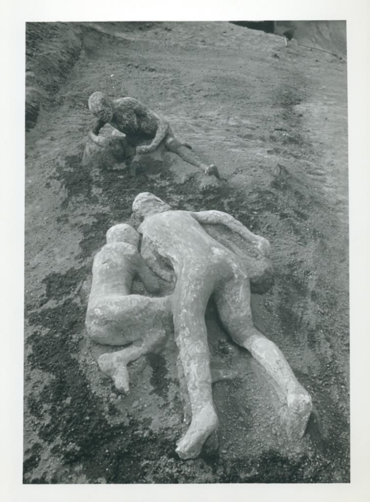 I.21.6 Pompeii. 1961. Press photo. Front left to right, Victim 43, victim 44 and at rear victim 45.
Photo courtesy of Rick Bauer.
The rear of the photo has the title “Victims of the eruption, 69AD”.
(Note, wrong date).