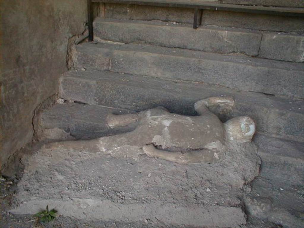 Victim 49. VII.16.17-22 Pompeii. May 2006. Plaster cast of lowest victim lying at foot of staircase.
The right side of the victim is on the first, lowest step of the stairs.
The left leg, left arm and the head are on the second step and the left hand is on the third step.
Overall, the cast does not provide any anatomical details.
See Osanna, N., Capurso, A., e Masseroli, S. M., 2021. I Calchi di Pompei da Giuseppe Fiorelli ad oggi: Studi e Ricerche del PAP 46, p434-5, Calco n. 49.