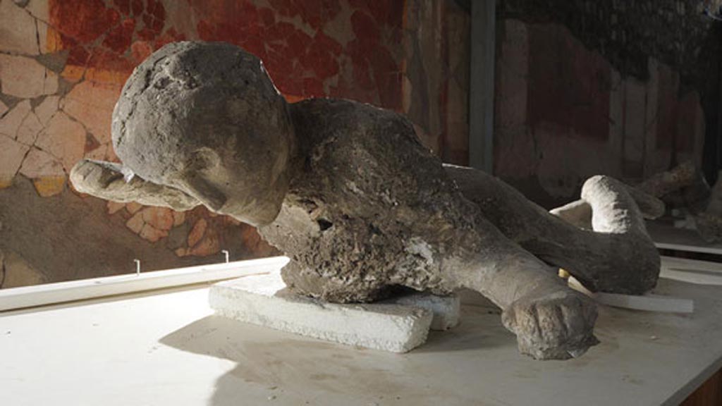 Victim 68. 2015. Cast during restoration.
Victim 68 is probably a male over the age of 20 years.
The body was found in room 19 of VII.16.17 Casa di Maius Castricius, probably the same room as victim 69, between 1958 and 1980.
Overall, the body has no anatomical details and in particular the face appears completely artificial.
See Osanna, N., Capurso, A., e Masseroli, S. M., 2021. I Calchi di Pompei da Giuseppe Fiorelli ad oggi: Studi e Ricerche del PAP 46, p. 478-9, Calco n. 68.