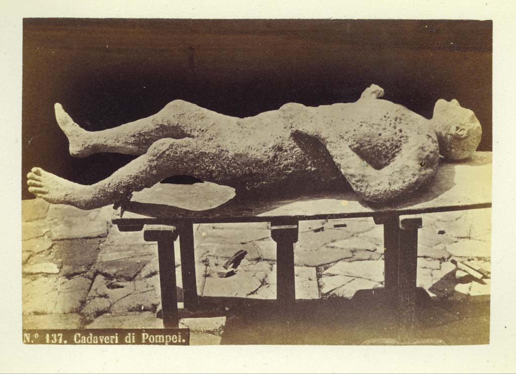 Victim number 6, found on the north-east corner of Insula III of Region IX, where the unnamed roadway meets the Vicolo di Tesmo.
Photo courtesy of Eugene Dwyer.
Neville-Rolfe wrote in 1888 –
“The next cast is also of a man, and probably of a slave, from the low type of his face, and his receding forehead.
If the raised band encircling his body is a belt, it would be a further indication of his servile condition.
Some have conjectured that this elevation is not a belt, but was caused by the bursting of the corpse.
The right hand is firmly clasped and the expression of the mouth is one of extreme agony.
The left hand is on the belt, and the legs are extended.”
See Neville-Rolfe E., 1888. Pompeii popular and practical. Naples: Furcheim, (p.82).