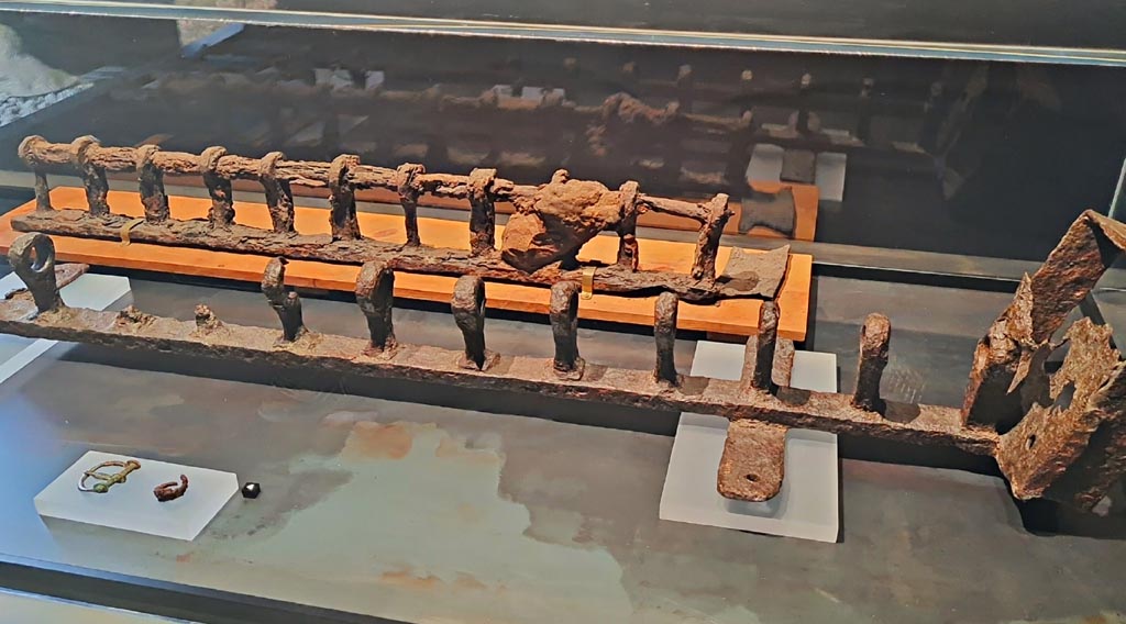 Victim 81. March 2024. The man wore an iron ring on one finger of his left hand and a belt at his waist, the iron buckle of which is preserved, both shown here front left.
See Osanna, N., Capurso, A., e Masseroli, S. M., 2021. I Calchi di Pompei da Giuseppe Fiorelli ad oggi: Studi e Ricerche del PAP 46, p. 507, Calco n. 81.
Photo courtesy of Giuseppe Ciaramella.