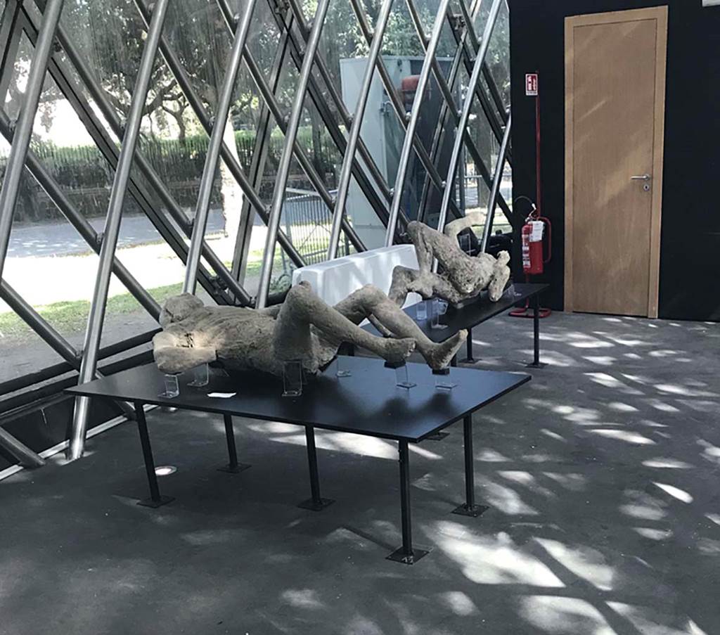 Pompeii. April 2019. General view of two more plaster-casts, with victim numbered 9 at front, left of centre.
Photo courtesy of Rick Bauer.