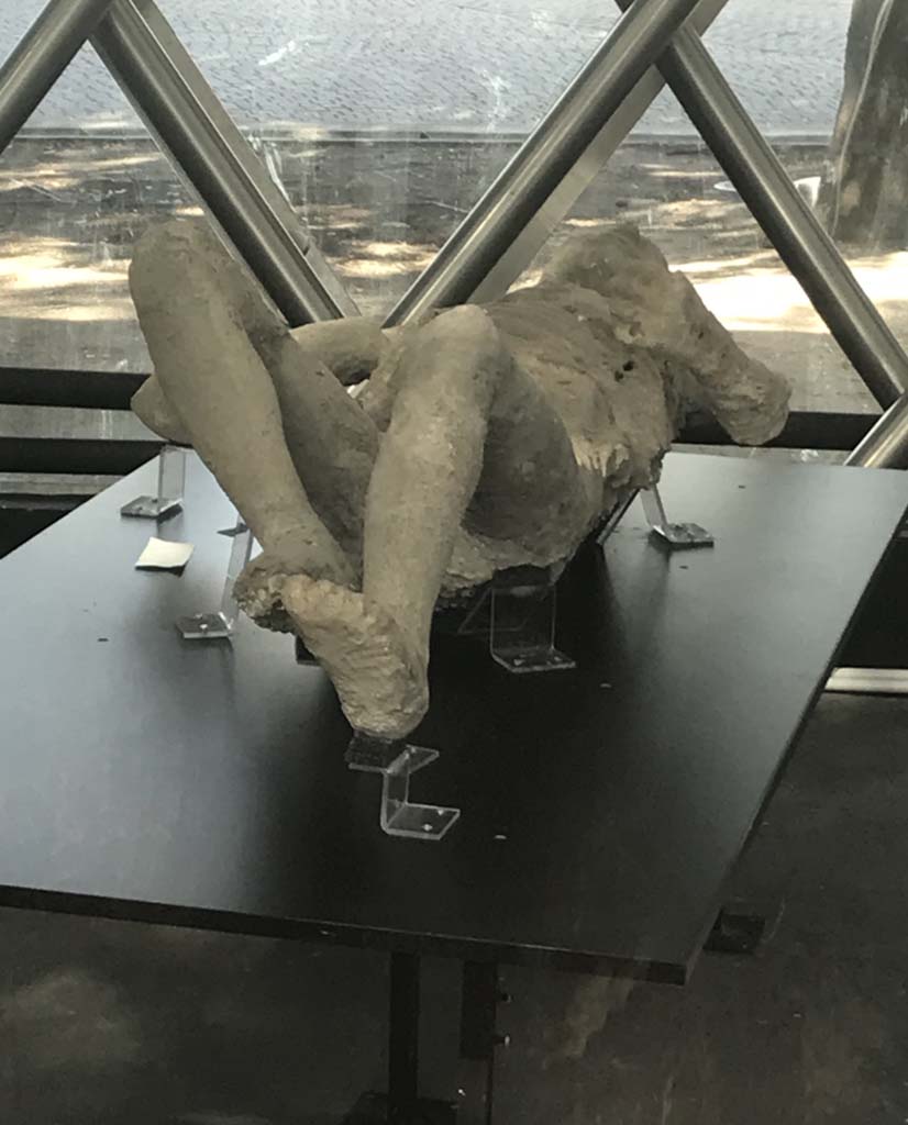 Pompeii. April 2019. Plaster-cast known as Victim No.9.
Found in Via Stabiana, near north-east corner of VI.14, together with Victim No.10 on 23rd April 1875.
Photo courtesy of Rick Bauer.