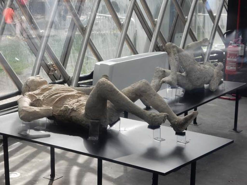 Pompeii. May 2018. General view of two plaster-casts. On the left is the plaster-cast known as Victim 9.
Photo courtesy of Buzz Ferebee.