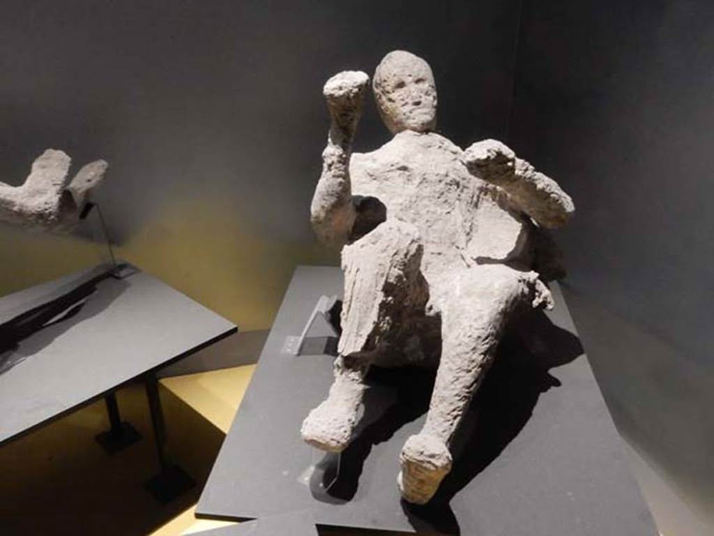 VI.17.42, Pompeii. Victim 50. May 2018.
Plaster cast of man found in the corridor leading to the garden area. Photo courtesy of Buzz Ferebee.
According to Estelle Lazer, it is not possible to make a reliable attribution of sex to this individual from two features of the skull. The orbital margin and supraorbital ridge did not provide consistent information about the sex of this person. The only available feature for estimating age-at-death was the dentition, which suggests a younger adult.
See Lazer E., et al. 2020. Inside the Casts of the Pompeian Victims: Results from the First Season of the Pompeii Cast Project In 2015. Papers of the British School at Rome.
Victim 50 is a male aged over 20 years old.
Imprints of a draped robe are visible on the abdomen, arms and legs.
The body was found under staircase 30 of the Casa dell Bracciale d’Oro between the 3rd and 6th of June 1974.
See Osanna, N., Capurso, A., e Masseroli, S. M., 2021. I Calchi di Pompei da Giuseppe Fiorelli ad oggi: Studi e Ricerche del PAP 46, p. 436-8, Calco n. 50.