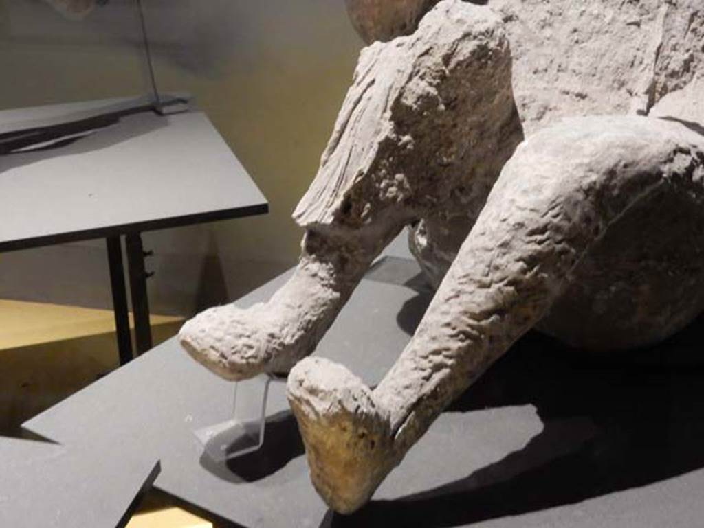 VI.17.42, Pompeii, May 2018. Plaster cast of legs and feet of man found in the corridor leading to the garden area.
Photo courtesy of Buzz Ferebee.