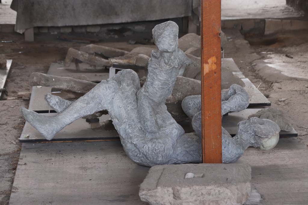 VI.17.42, Pompeii, October 2020. Plaster cast of a man (victim 52) and child (51) found in the corridor leading to the garden area.
Photo courtesy of Klaus Heese.
According to Estelle Lazer, it is extremely difficult to determine sex of this child from skeletal evidence.
The mixed dentition observed in the mandible indicates an age-at-death of at least five to six years, depending on the sex of the individual.
There is extensive reconstruction of the lower torso which indicates that more research is required to understand how this cast was achieved.
See Lazer E., et al. 2020. Inside the Casts of the Pompeian Victims: Results from the First Season of the Pompeii Cast Project In 2015. Papers of the British School at Rome.