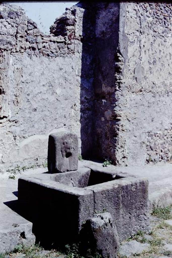 Looking south-east across fountain outside VI.16.28 on Vicolo dei Vettii, Pompeii. 1968.
Photo by Stanley A. Jashemski.
Source: The Wilhelmina and Stanley A. Jashemski archive in the University of Maryland Library, Special Collections (See collection page) and made available under the Creative Commons Attribution-Non Commercial License v.4. See Licence and use details.
J68f1960