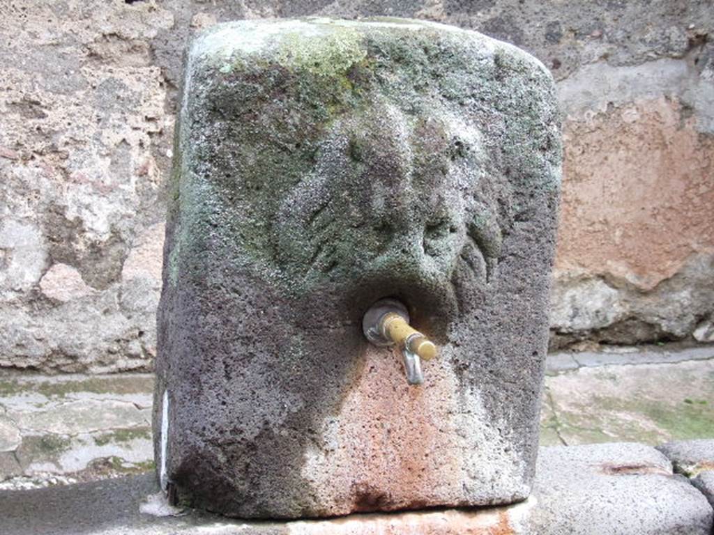Fountain outside VI.16.28 on Vicolo dei Vettii. December 2005.
According to Eschebach this is a relief of Oceanus or of a lion-griffin.
See Eschebach H. Die öffentlichen Laufbrunnen Pompejis: Pompeii Herculaneum Stabiae. Amici di Pompei, I, 1983, p. 13.