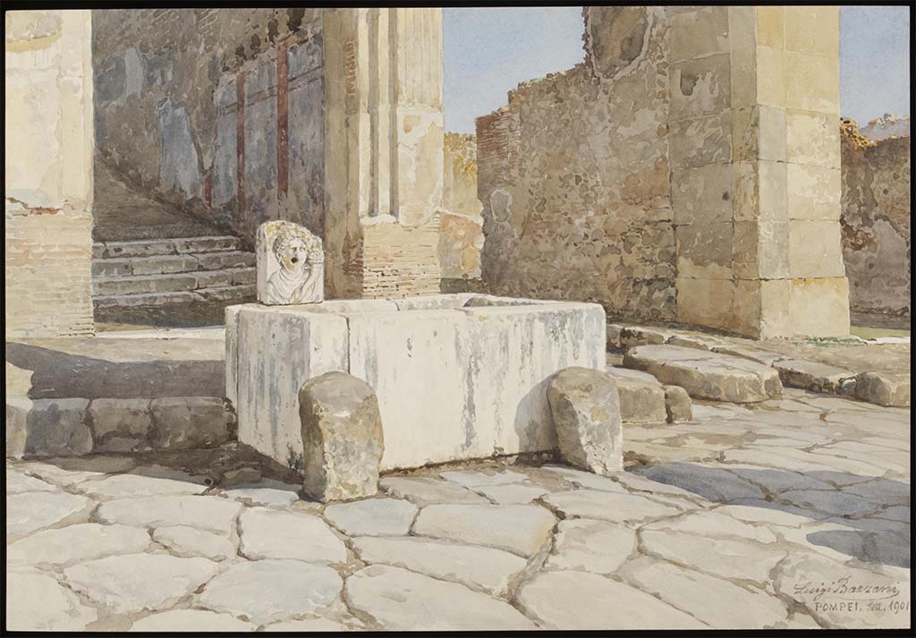 VII.9.67 Pompeii. September 1901. Watercolour by Luigi Bazzani.
Looking north across Via dell�Abbondanza towards fountain at base of rear stairs, and Vicolo di Eumachia, on right,
Photo � Victoria and Albert Museum, inventory number D1819-1904.
