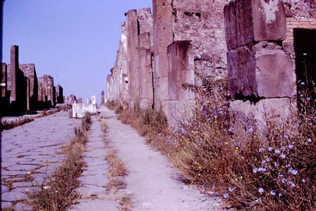 Via dell�Abbondanza, Pompeii. 1966. Looking west towards fountain and junction with with Vicolo di Eumachia, from VII.13.6. Photo by Stanley A. Jashemski.
Source: The Wilhelmina and Stanley A. Jashemski archive in the University of Maryland Library, Special Collections (See collection page) and made available under the Creative Commons Attribution-Non Commercial License v.4. See Licence and use details.
J66f0534
