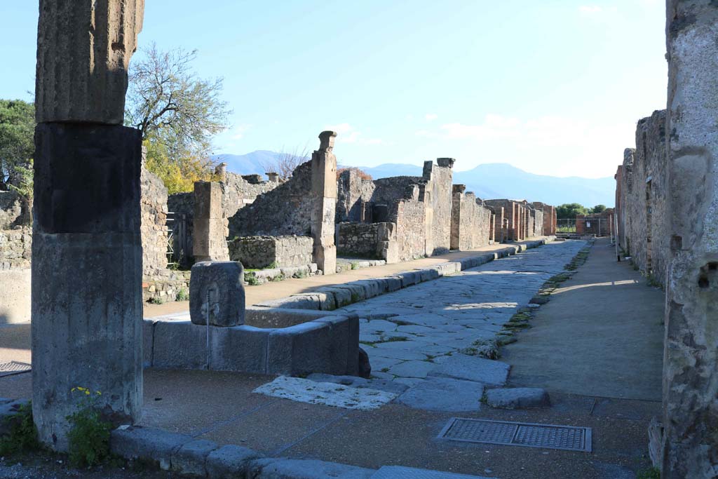 Outside VIII.2.11, Pompeii. December 2005. Looking north-east at fountain on Via delle Scuole.