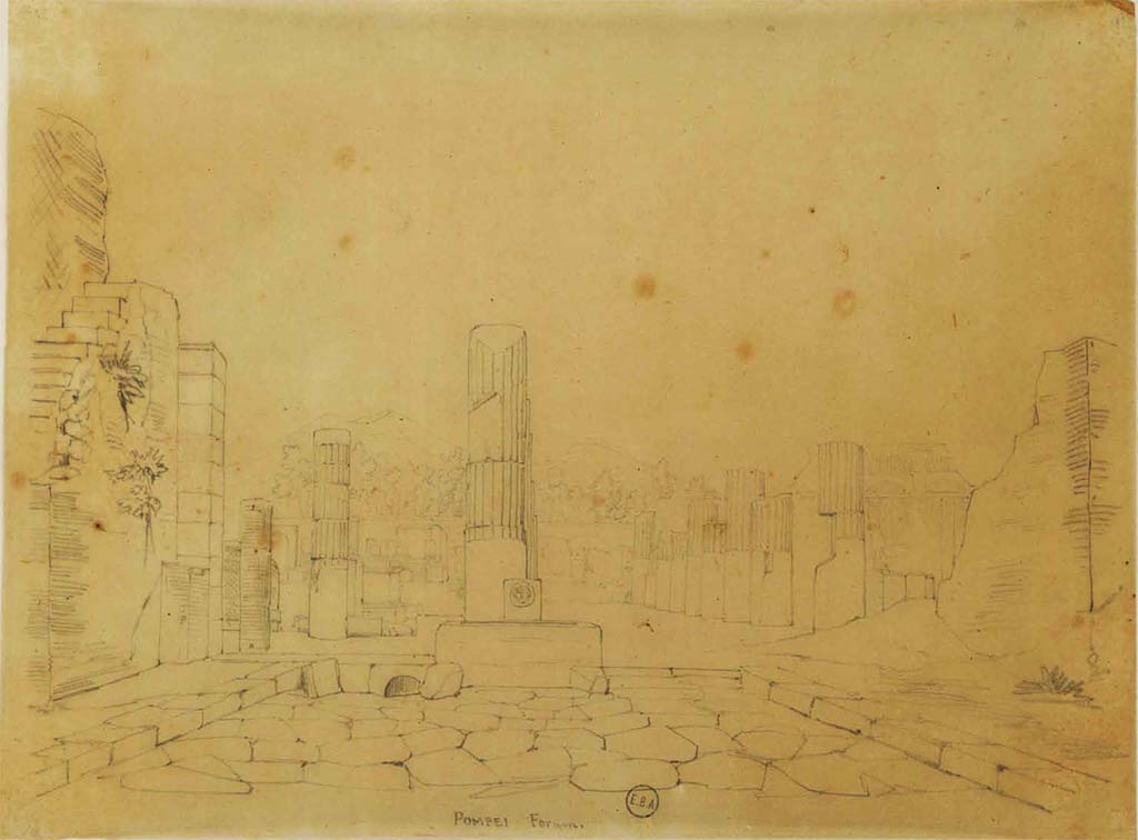 Via delle Scuole, Pompeii. Sketch, looking north towards fountain and Forum, from north end of Via delle Scuole.
See Lesueur, Jean-Baptiste Ciceron. Voyage en Italie de Jean-Baptiste Ciceron Lesueur (1794-1883), pl. 74.
See Book on INHA reference INHA NUM PC 15469 (04)  � Licence Ouverte / Open Licence � Etalab
