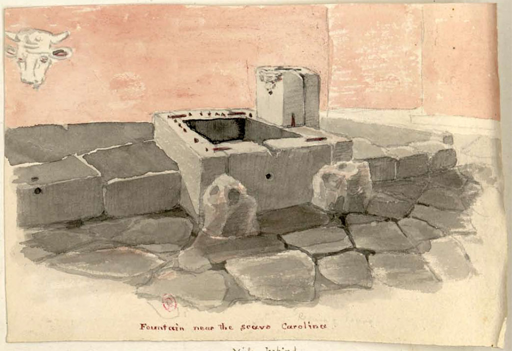 Fountain at VIII.2.29. Between 1819 and 1832, drawing by W. Gell of the fountain in Vicolo della Regina.
The relief head is shown additionally in the top left of the drawing.
See Gell, W. Pompeii unpublished [Dessins de l'�dition de 1832 donnant le r�sultat des fouilles post 1819 (?)] vol II, p. 62 of 178.
Biblioth�que de l'Institut National d'Histoire de l'Art, collections Jacques Doucet, Identifiant num�rique Num MS180 (2).
See book in INHA Use Etalab Licence Ouverte
