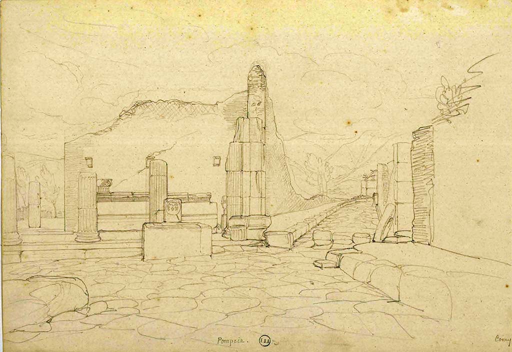 Fountain outside VIII.7.30 Pompeii. 1823? Sketch by Lesueur, looking south in Via dei Teatri towards fountain and entrance to Triangular Forum.
See Lesueur, Jean-Baptiste Ciceron. Voyage en Italie de Jean-Baptiste Ciceron Lesueur (1794-1883), pl. 72.
See Book on INHA reference INHA NUM PC 15469 (04)  � Licence Ouverte / Open Licence � Etalab
