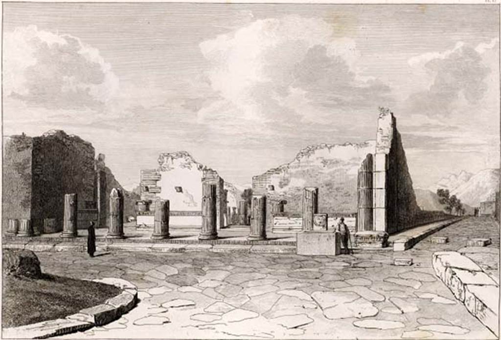 Fountain outside VIII.7.30 Pompeii. 1819 drawing entitled �Portico to the Greek Temple�. 
Triangular Forum, columns at entrance with fountain in front.
See Cooke, Cockburn and Donaldson, 1827. Pompeii Illustrated: Vol. I. London: Cooke, p. 42, pl. 12.
