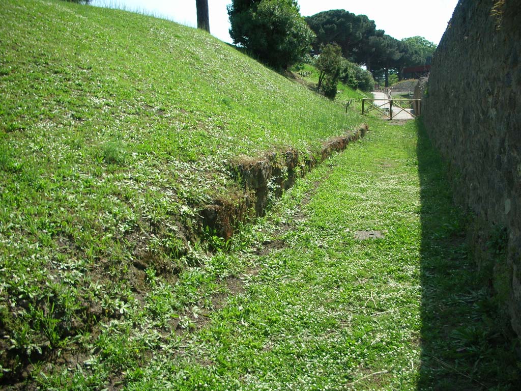 Porta di Nocera or Nuceria Gate, Pompeii. May 2010.
Looking along rear of agger from north end of west side of gate. Photo courtesy of Ivo van der Graaff.
