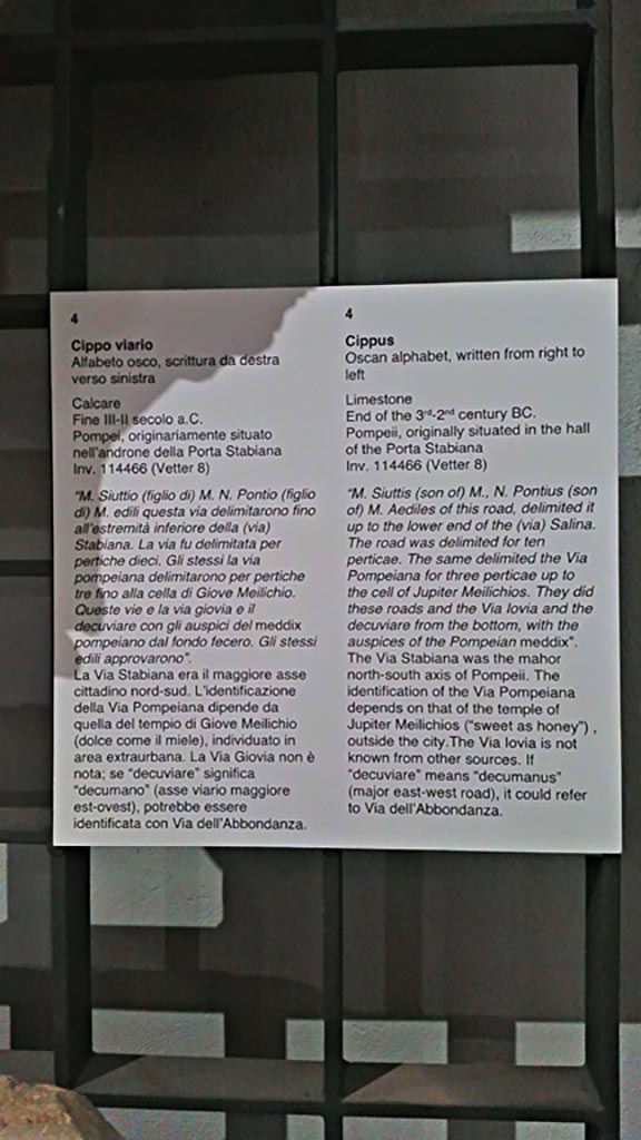 Stabian Gate, Pompeii.
Information card from Naples Archaeological Museum. Photo courtesy of Giuseppe Ciaramella, June 2017.